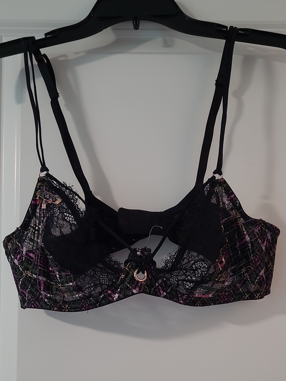 Savage Fenty Lace Trim Plaid Underwire Bralette - Black & Purple